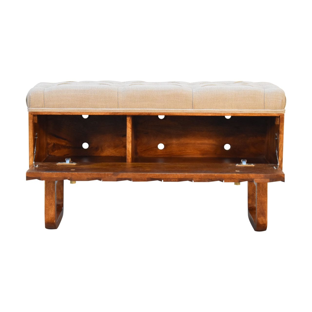 Mid-Century Modern 'U' Chestnut Bench - Solid Mango Wood Seating Furniture for Entryway - product view 6 showing...
