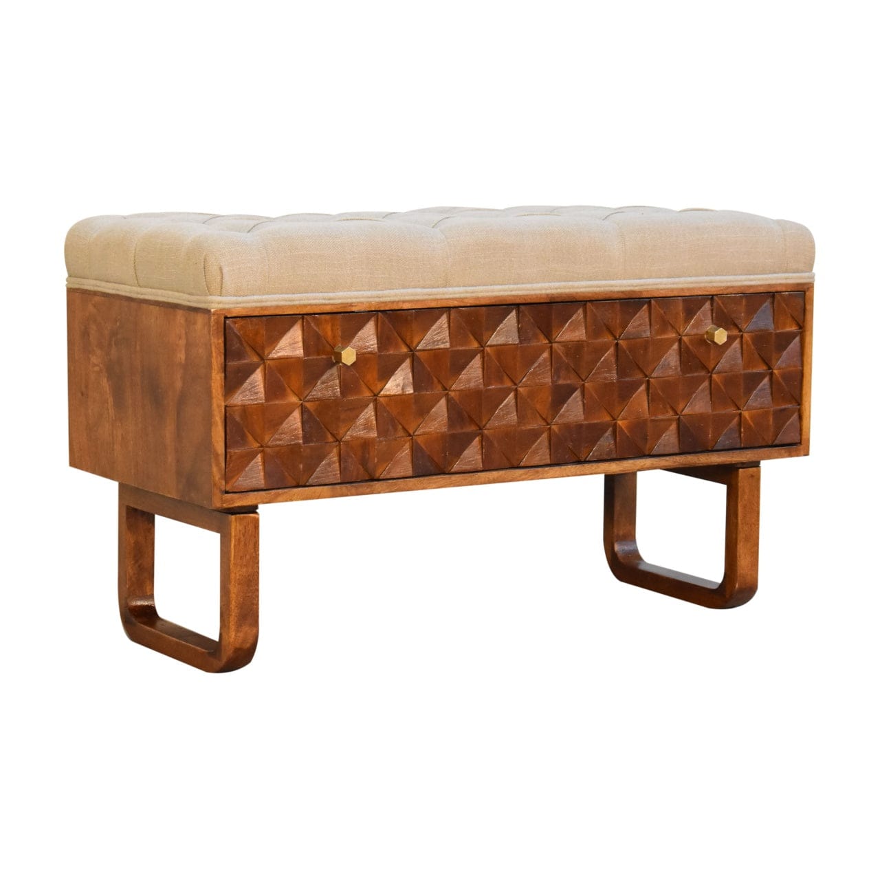 Mid-Century Modern 'U' Chestnut Bench - Solid Mango Wood Seating Furniture for Entryway - product view 4 showing...