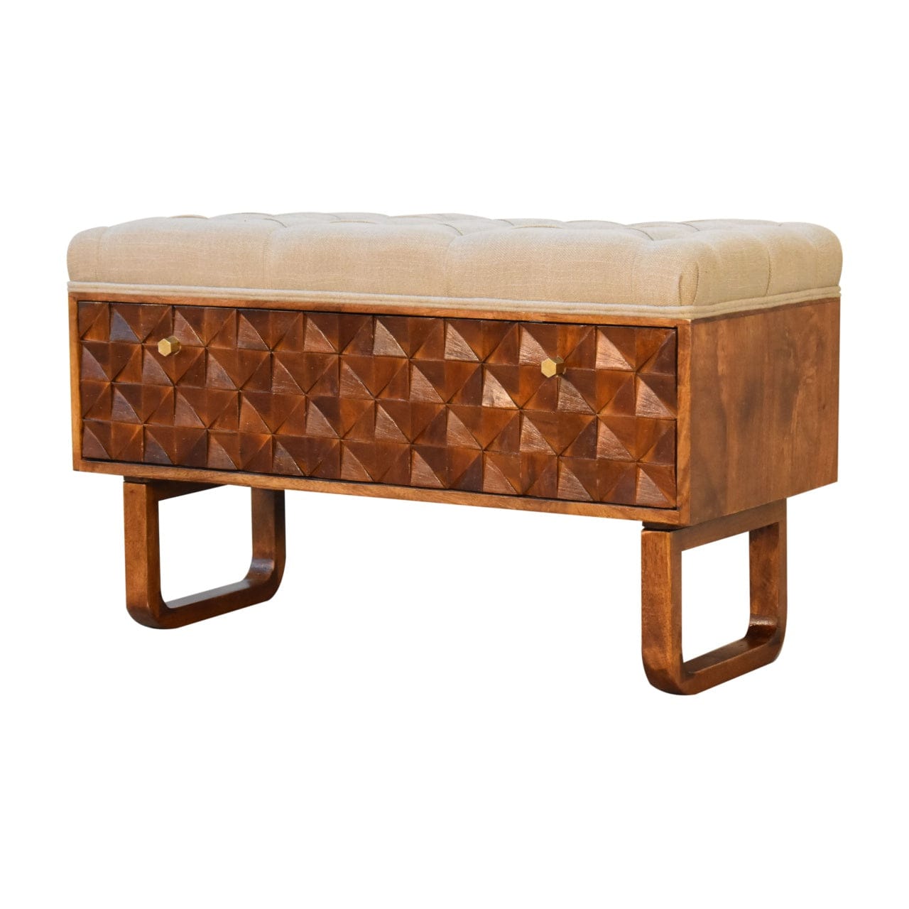 Mid-Century Modern 'U' Chestnut Bench - Solid Mango Wood Seating Furniture for Entryway - main view showing handcrafted...