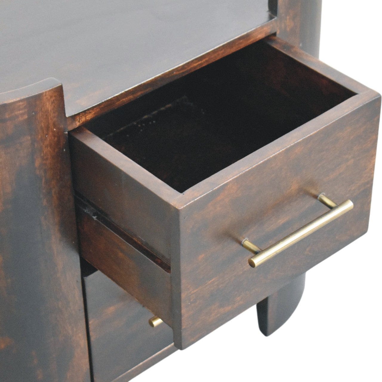 Mid-Century Modern Velvet Mocha Curve Nightstand - Solid Mango Wood Bedside Table for Bedroom - product view 7 showing...