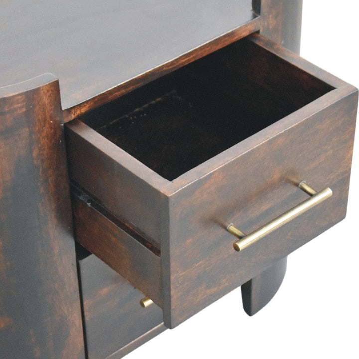 Mid-Century Modern Velvet Mocha Curve Nightstand - Solid Mango Wood Bedside Table for Bedroom - product view 7 showing...