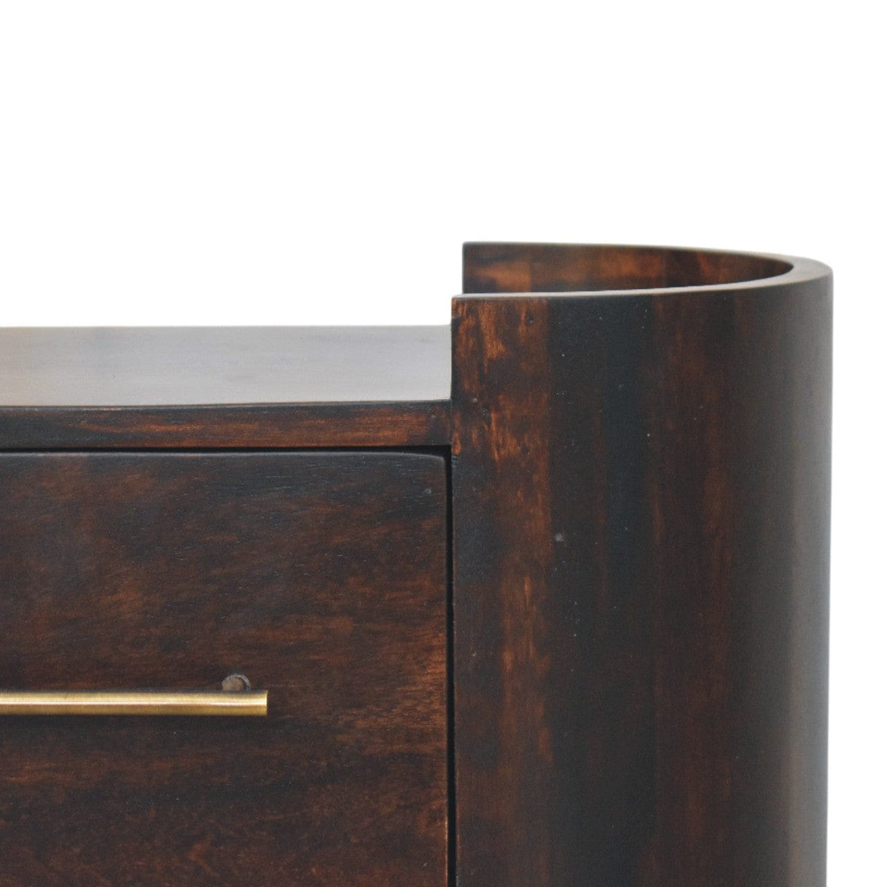 Mid-Century Modern Velvet Mocha Curve Nightstand - Solid Mango Wood Bedside Table for Bedroom - product view 4 showing...