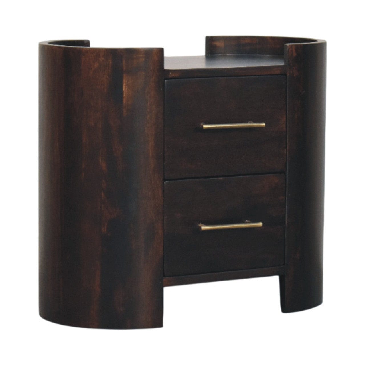 Mid-Century Modern Velvet Mocha Curve Nightstand - Solid Mango Wood Bedside Table for Bedroom - product view 3 showing...