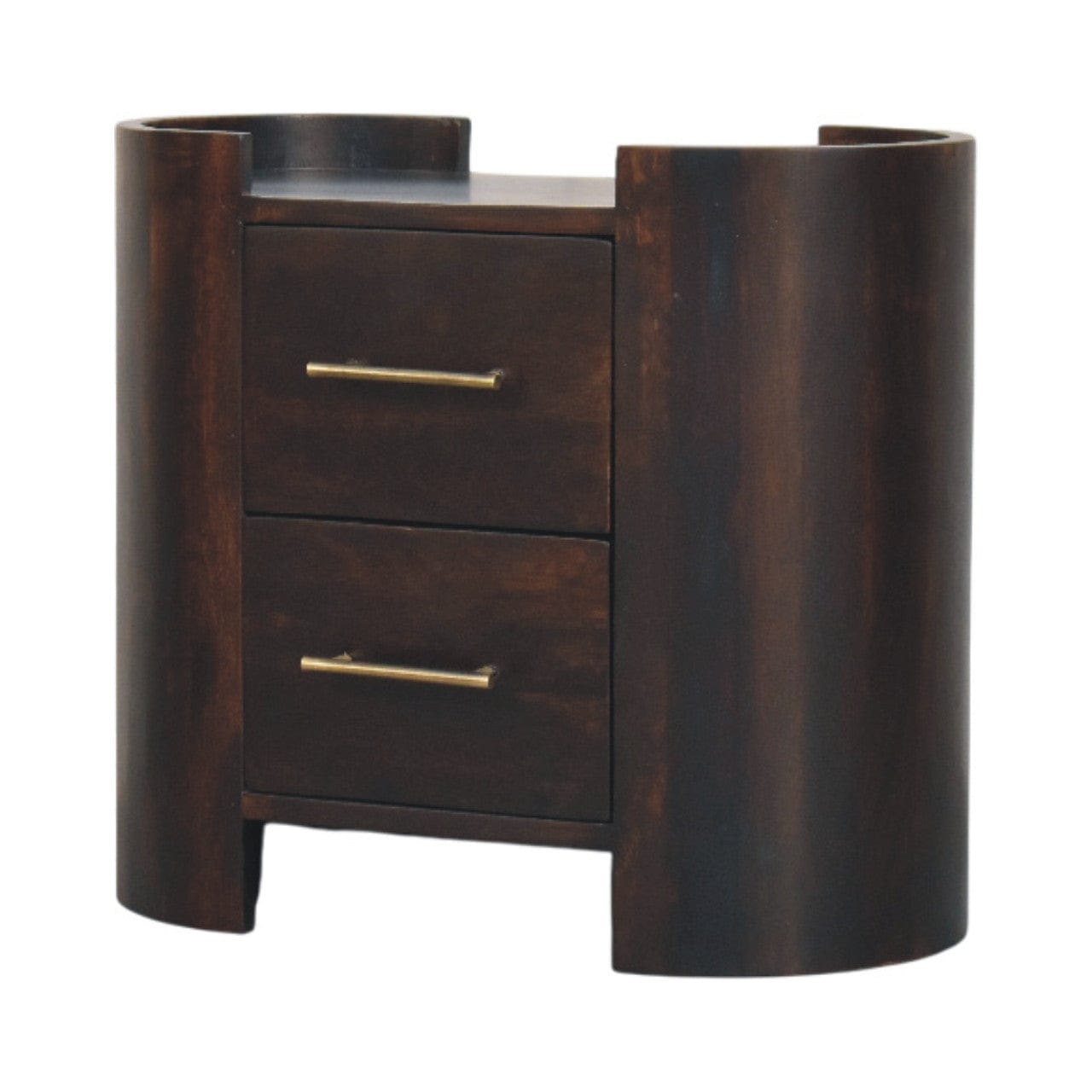 Mid-Century Modern Velvet Mocha Curve Nightstand - Solid Mango Wood Bedside Table for Bedroom - product view 2 showing...