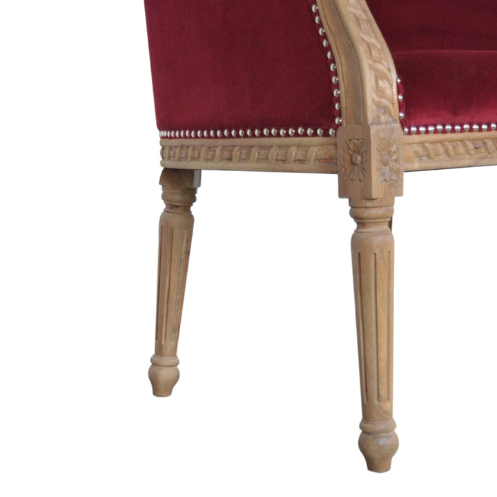 Mid-Century Modern Wine Red Velvet Occasional Chair in Solid Mango Wood - product view 7 showing handcrafted solid mango...