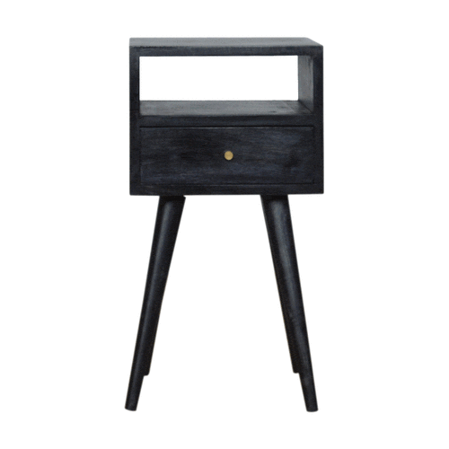 Mini Ash Black Nightstand - Solid Mango Wood Bedside Table for Bedroom - product view 9 showing handcrafted solid mango...
