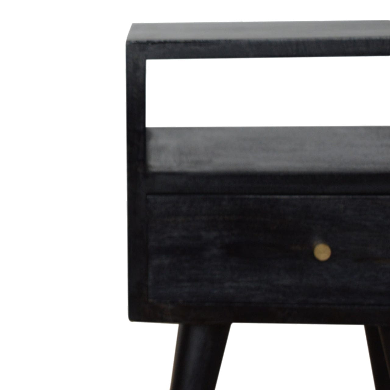 Mini Ash Black Nightstand - Solid Mango Wood Bedside Table for Bedroom - product view 5 showing handcrafted solid mango...