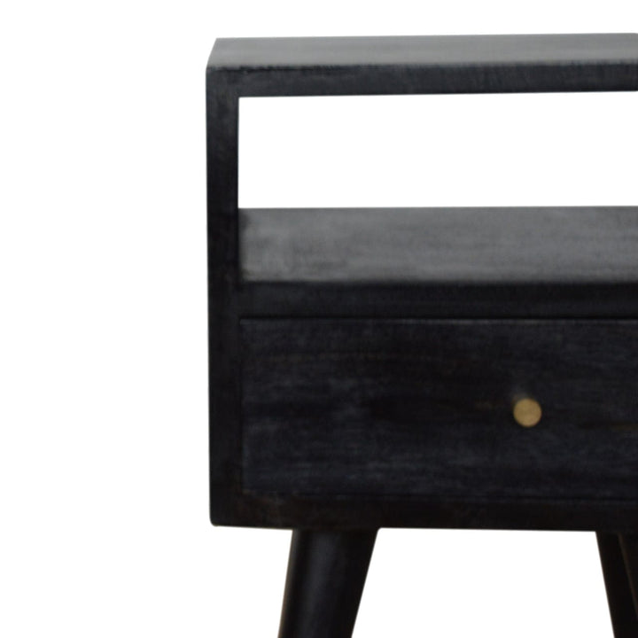 Mini Ash Black Nightstand - Solid Mango Wood Bedside Table for Bedroom - product view 5 showing handcrafted solid mango...