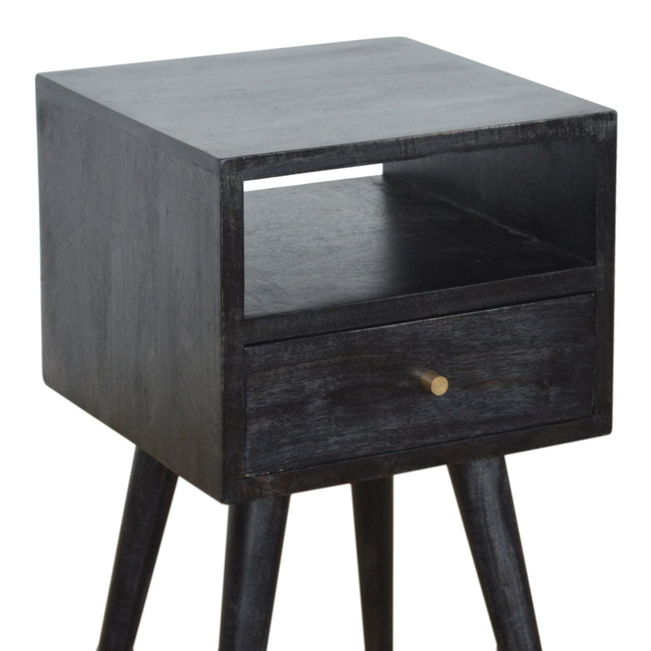 Mini Ash Black Nightstand - Solid Mango Wood Bedside Table for Bedroom - product view 4 showing handcrafted solid mango...
