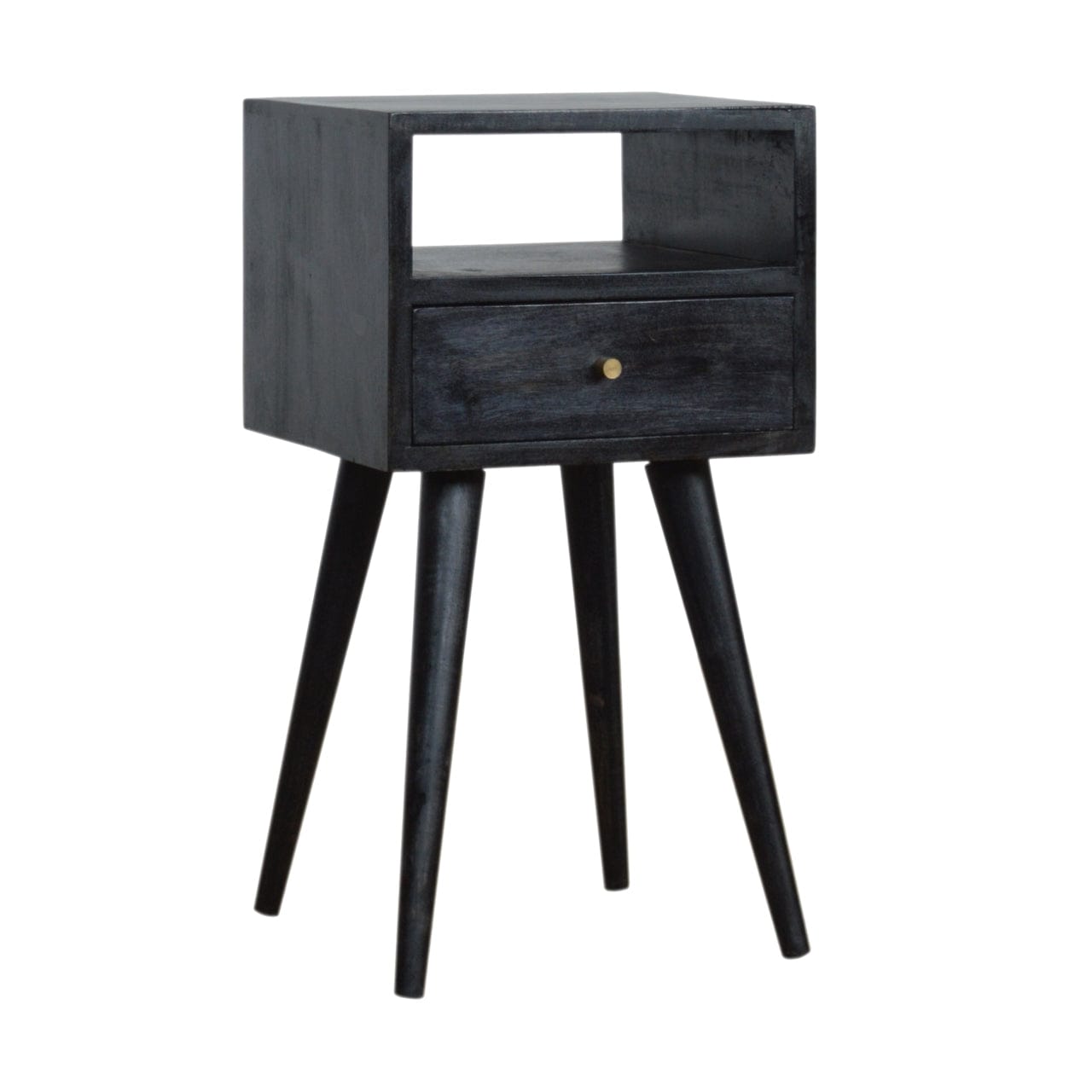 Mini Ash Black Nightstand - Solid Mango Wood Bedside Table for Bedroom - product view 3 showing handcrafted solid mango...