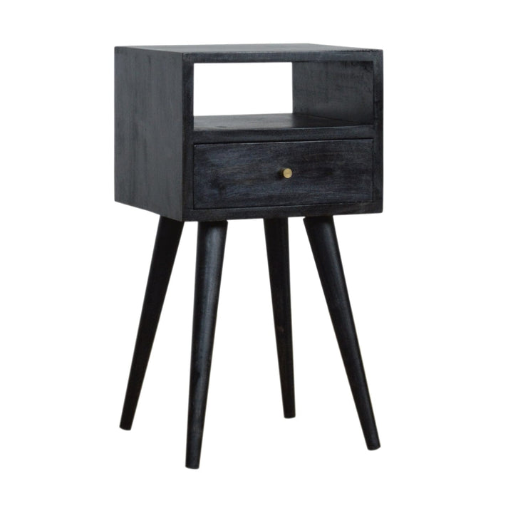 Mini Ash Black Nightstand - Solid Mango Wood Bedside Table for Bedroom - product view 3 showing handcrafted solid mango...
