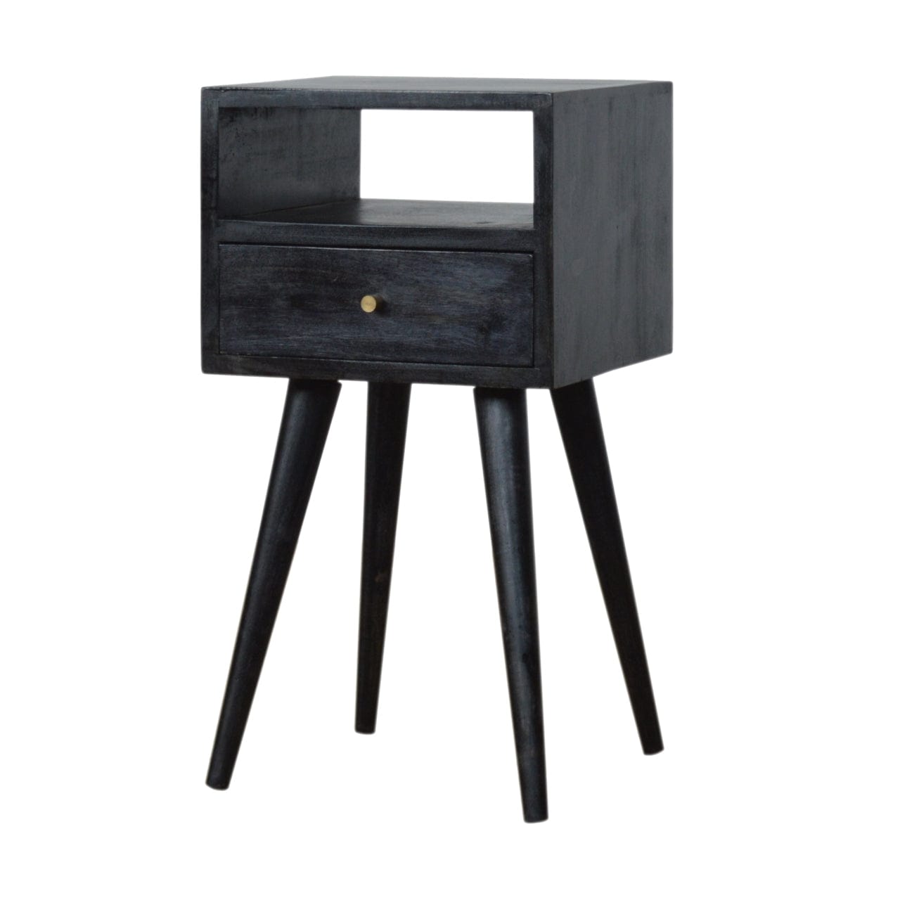 Mini Ash Black Nightstand - Solid Mango Wood Bedside Table for Bedroom - product view 2 showing handcrafted solid mango...