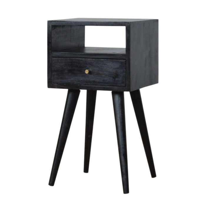 Mini Ash Black Nightstand - Solid Mango Wood Bedside Table for Bedroom - product view 2 showing handcrafted solid mango...