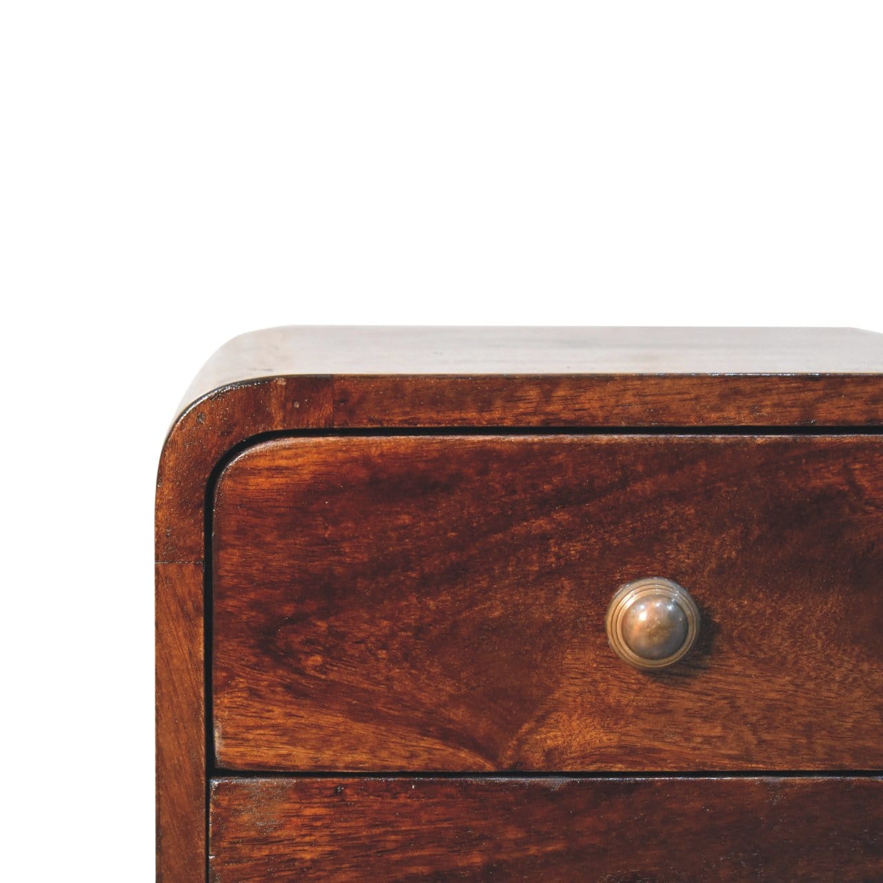 Mini California Walnut Curved Nightstand - Solid Mango Wood Bedside Table for Bedroom - product view 4 showing...