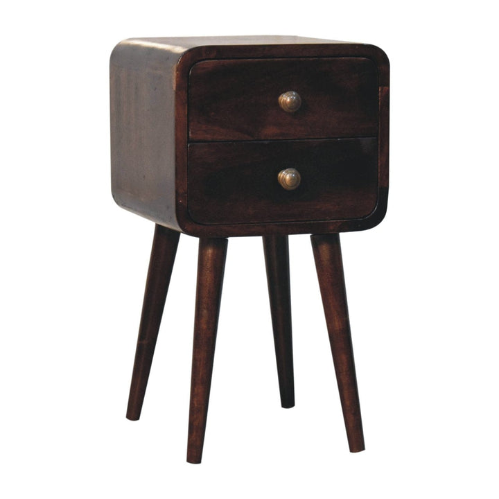 Mini California Walnut Curved Nightstand - Solid Mango Wood Bedside Table for Bedroom - product view 3 showing...