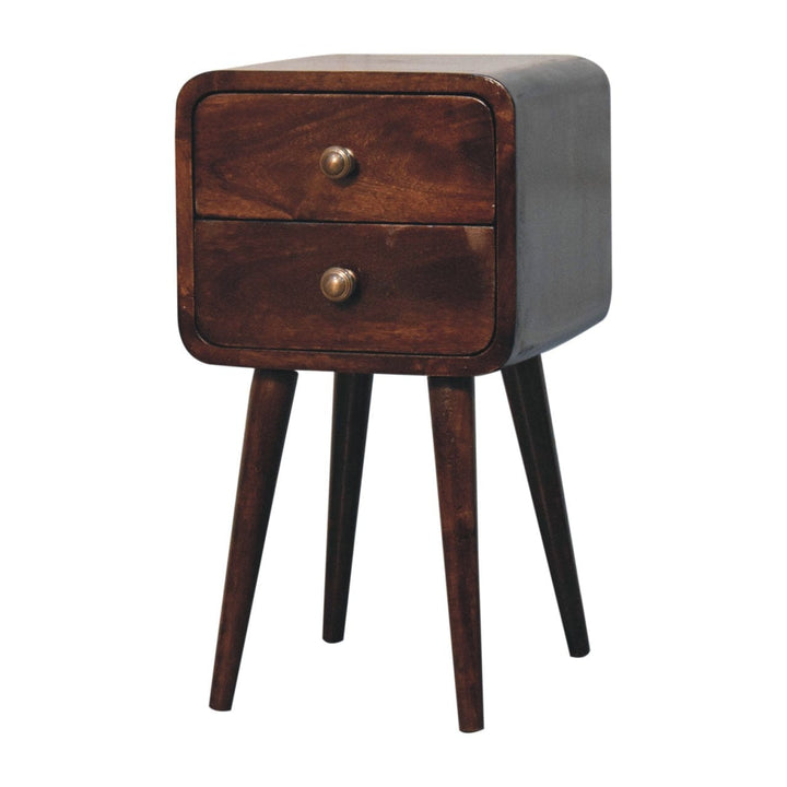 Mini California Walnut Curved Nightstand - Solid Mango Wood Bedside Table for Bedroom - product view 2 showing...