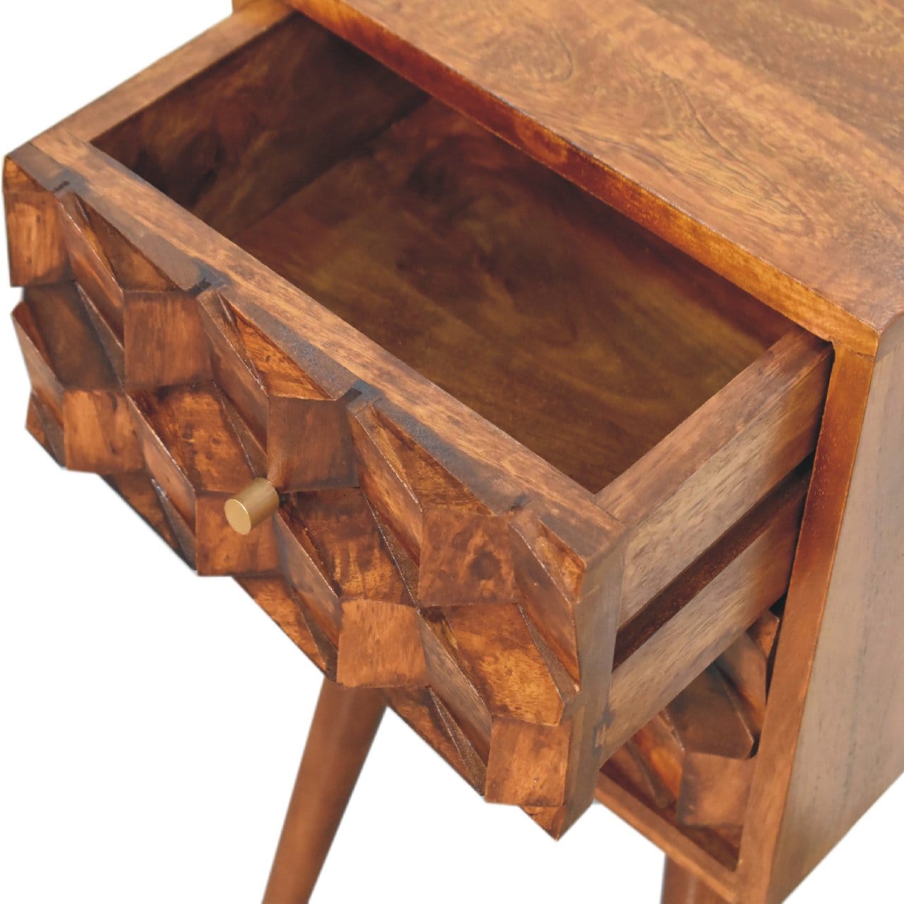 Mini Chestnut Cube 2 Drawer Nightstand - Solid Mango Wood Bedside Table for Bedroom - product view 6 showing handcrafted...