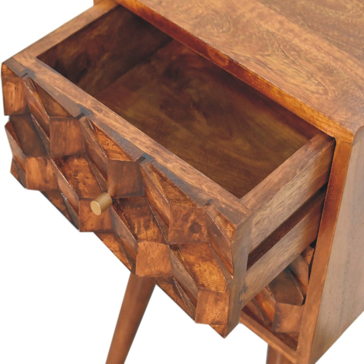 Mini Chestnut Cube 2 Drawer Nightstand - Solid Mango Wood Bedside Table for Bedroom - product view 6 showing handcrafted...
