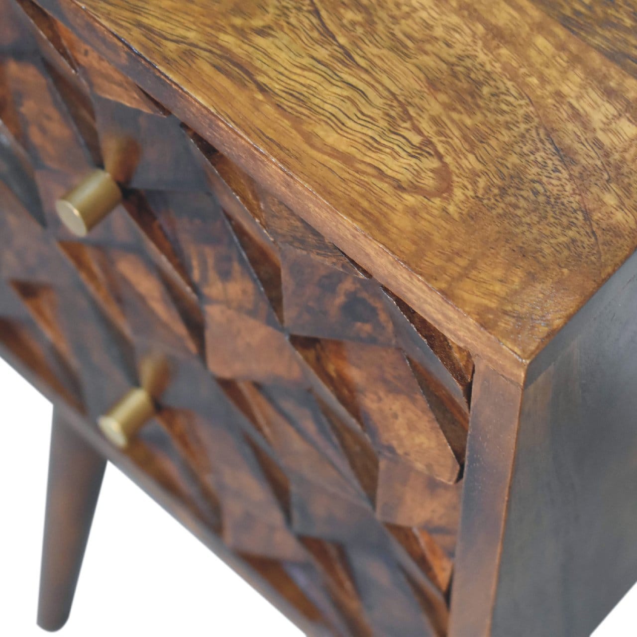 Mini Chestnut Cube 2 Drawer Nightstand - Solid Mango Wood Bedside Table for Bedroom - product view 5 showing handcrafted...