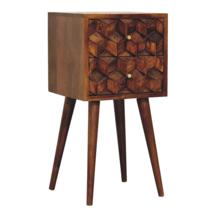 Mini Chestnut Cube 2 Drawer Nightstand - Solid Mango Wood Bedside Table for Bedroom - product view 4 showing handcrafted...