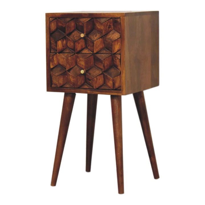 Mini Chestnut Cube 2 Drawer Nightstand - Solid Mango Wood Bedside Table for Bedroom - product view 3 showing handcrafted...