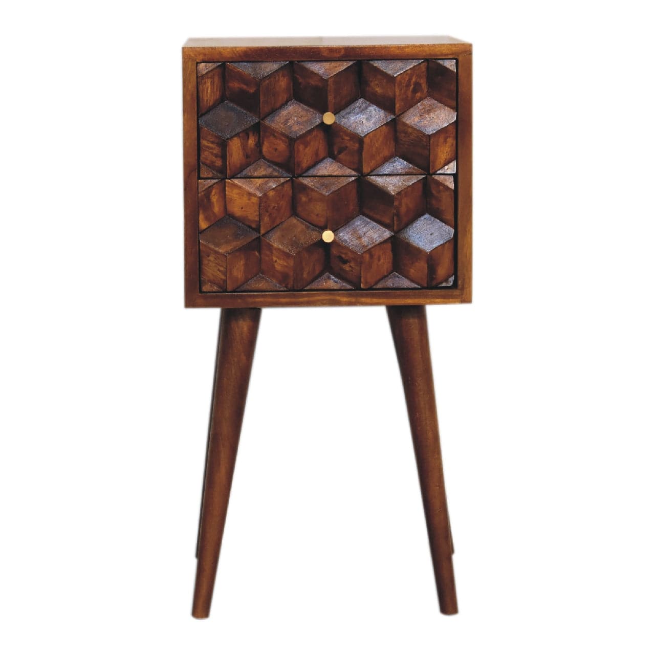 Mini Chestnut Cube 2 Drawer Nightstand - Solid Mango Wood Bedside Table for Bedroom - product view 2 showing handcrafted...