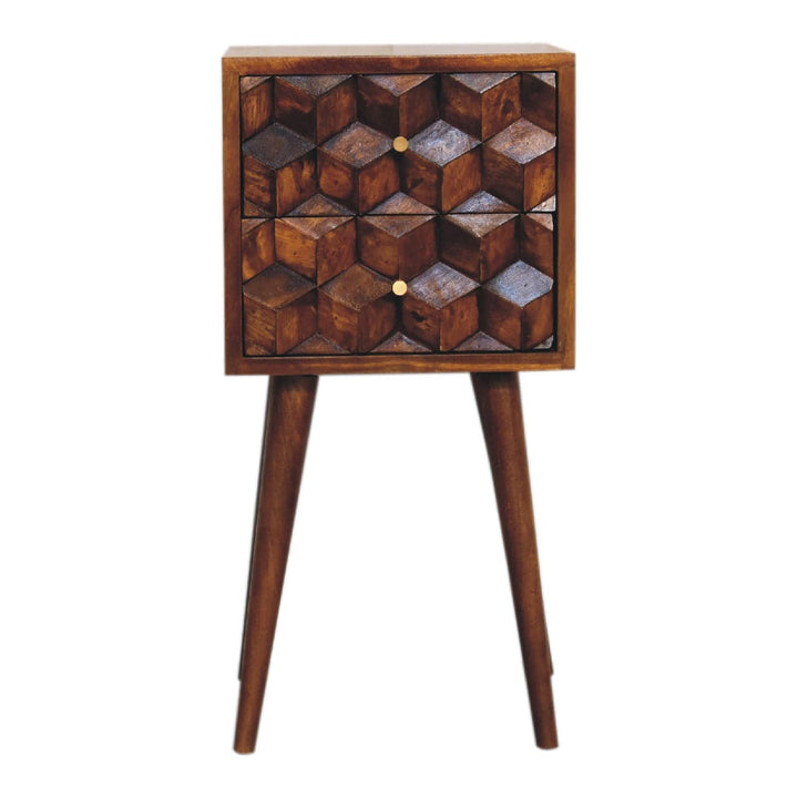 Mini Chestnut Cube 2 Drawer Nightstand - Solid Mango Wood Bedside Table for Bedroom - product view 2 showing handcrafted...