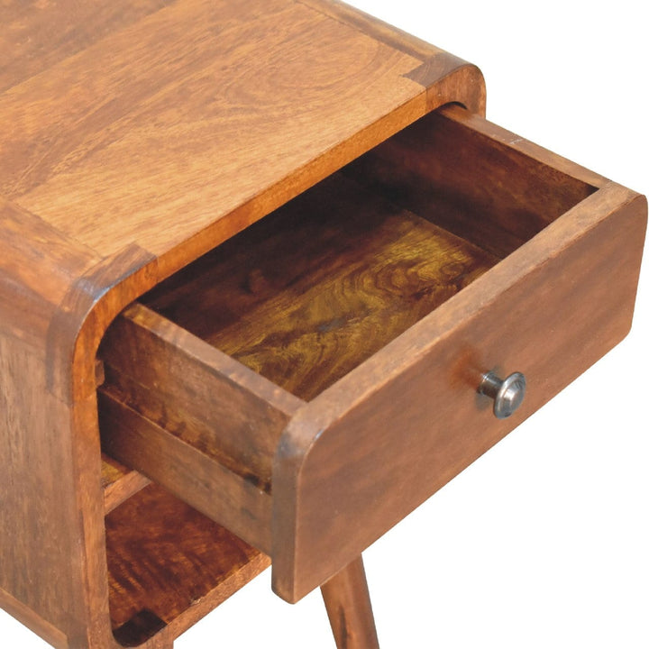 Mini Chestnut Curve Lower Nightstand - Solid Mango Wood Bedside Table for Bedroom - product view 7 showing handcrafted...