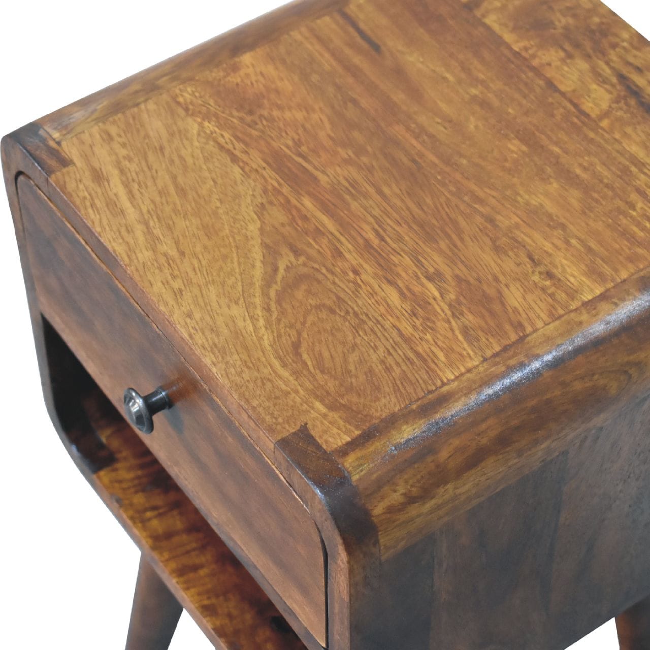 Mini Chestnut Curve Lower Nightstand - Solid Mango Wood Bedside Table for Bedroom - product view 6 showing handcrafted...