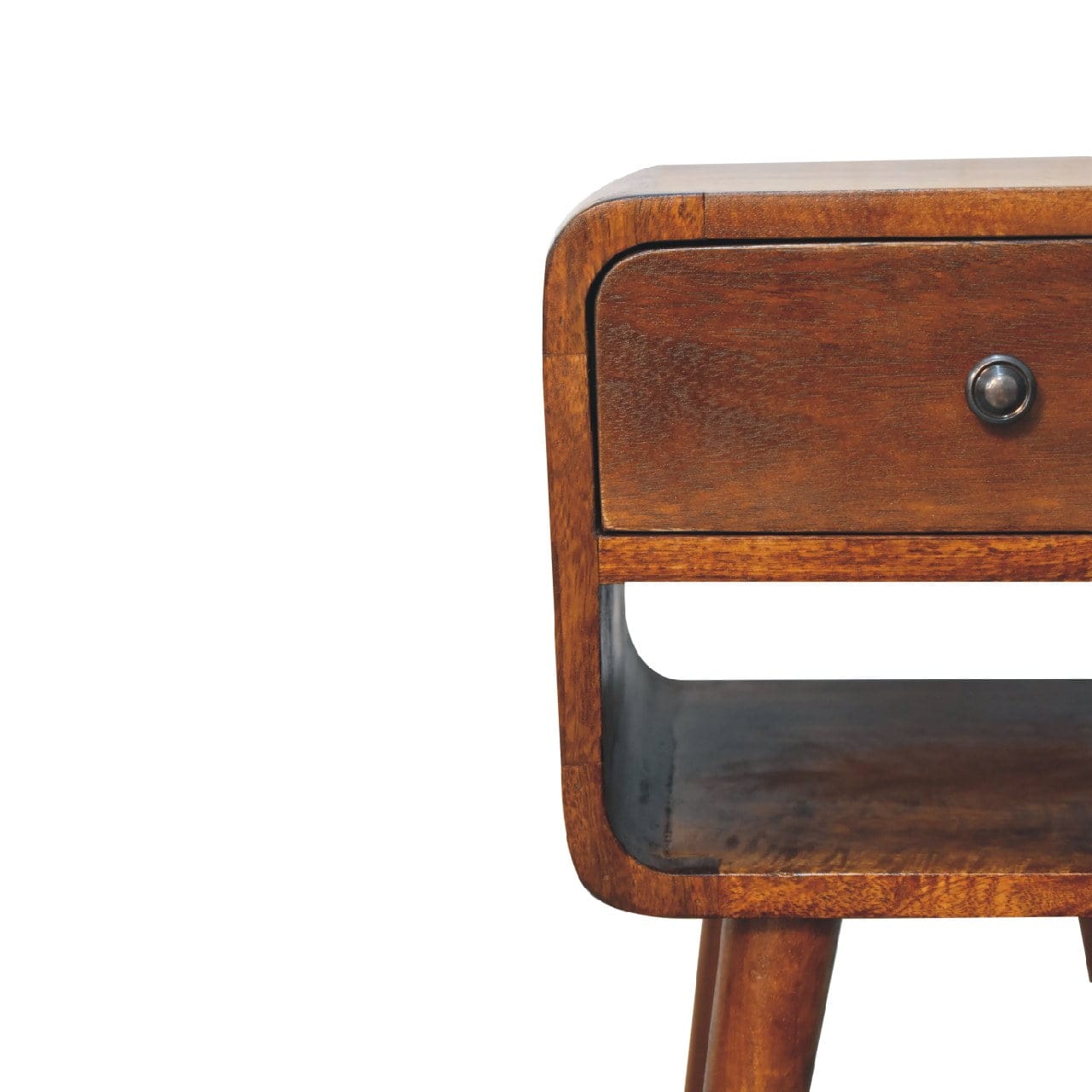 Mini Chestnut Curve Lower Nightstand - Solid Mango Wood Bedside Table for Bedroom - product view 5 showing handcrafted...