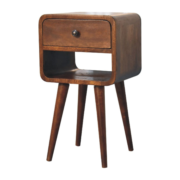 Mini Chestnut Curve Lower Nightstand - Solid Mango Wood Bedside Table for Bedroom - product view 4 showing handcrafted...