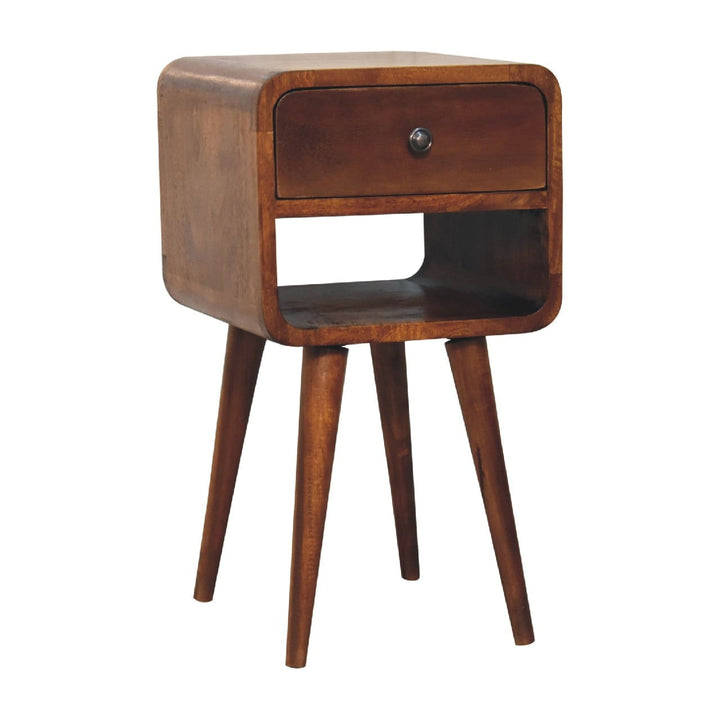 Mini Chestnut Curve Lower Nightstand - Solid Mango Wood Bedside Table for Bedroom - product view 3 showing handcrafted...