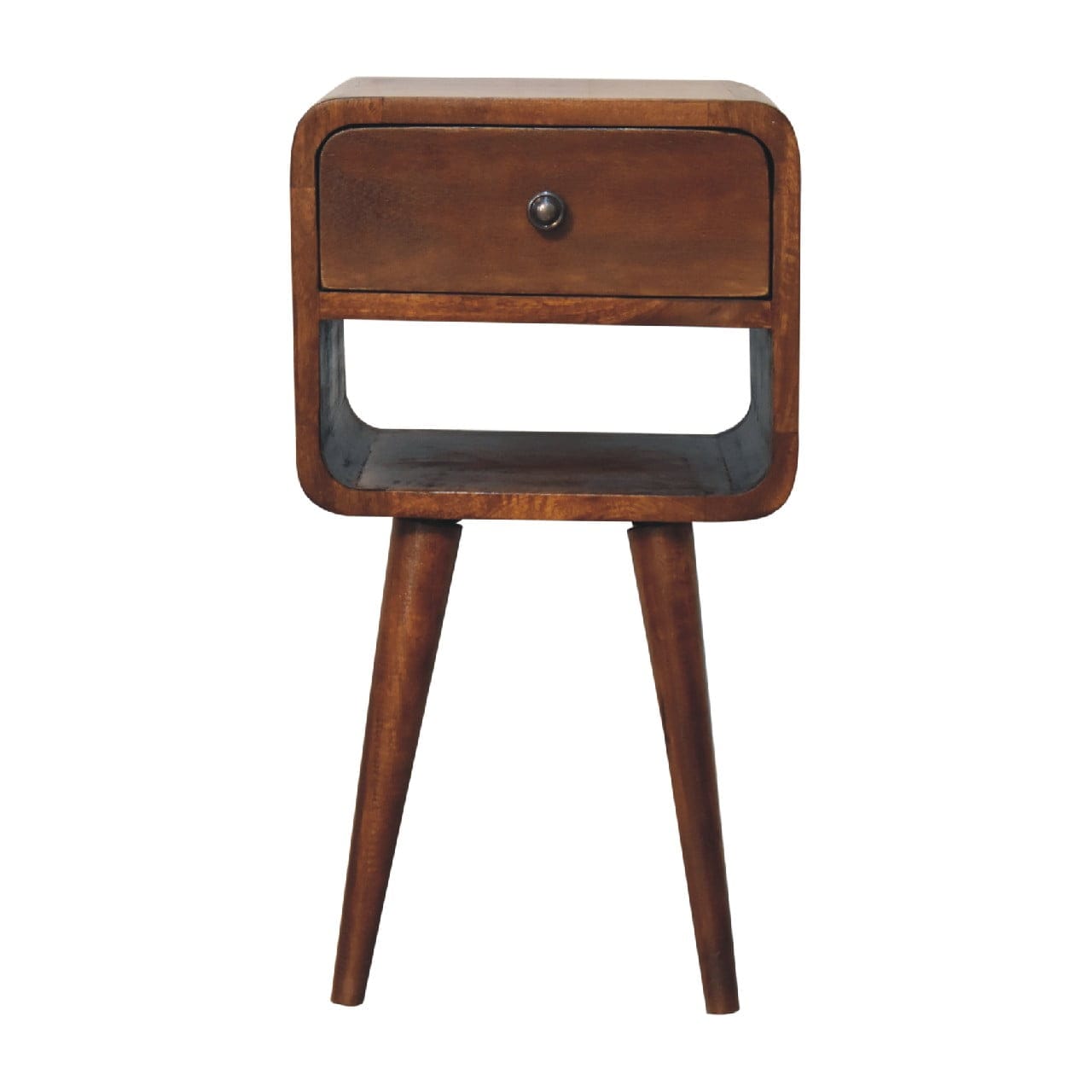 Mini Chestnut Curve Lower Nightstand - Solid Mango Wood Bedside Table for Bedroom - product view 2 showing handcrafted...