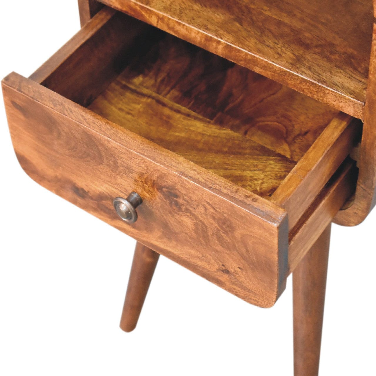 Mini Chestnut Curve Open Nightstand - Solid Mango Wood Bedside Table for Bedroom - product view 7 showing handcrafted...