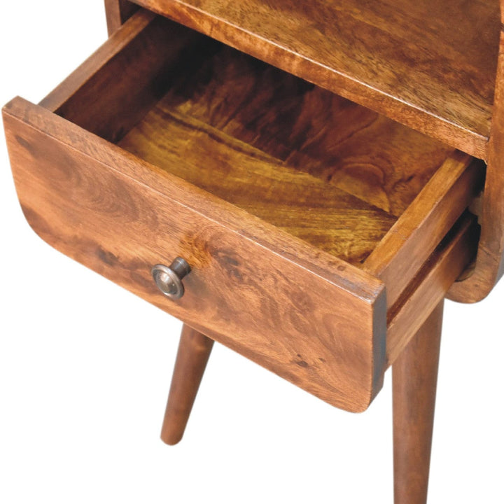 Mini Chestnut Curve Open Nightstand - Solid Mango Wood Bedside Table for Bedroom - product view 7 showing handcrafted...
