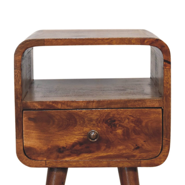 Mini Chestnut Curve Open Nightstand - Solid Mango Wood Bedside Table for Bedroom - product view 6 showing handcrafted...