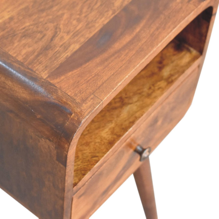 Mini Chestnut Curve Open Nightstand - Solid Mango Wood Bedside Table for Bedroom - product view 5 showing handcrafted...