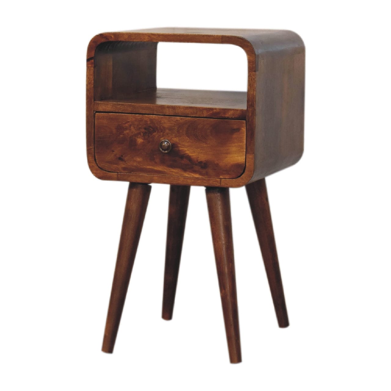 Mini Chestnut Curve Open Nightstand - Solid Mango Wood Bedside Table for Bedroom - product view 4 showing handcrafted...