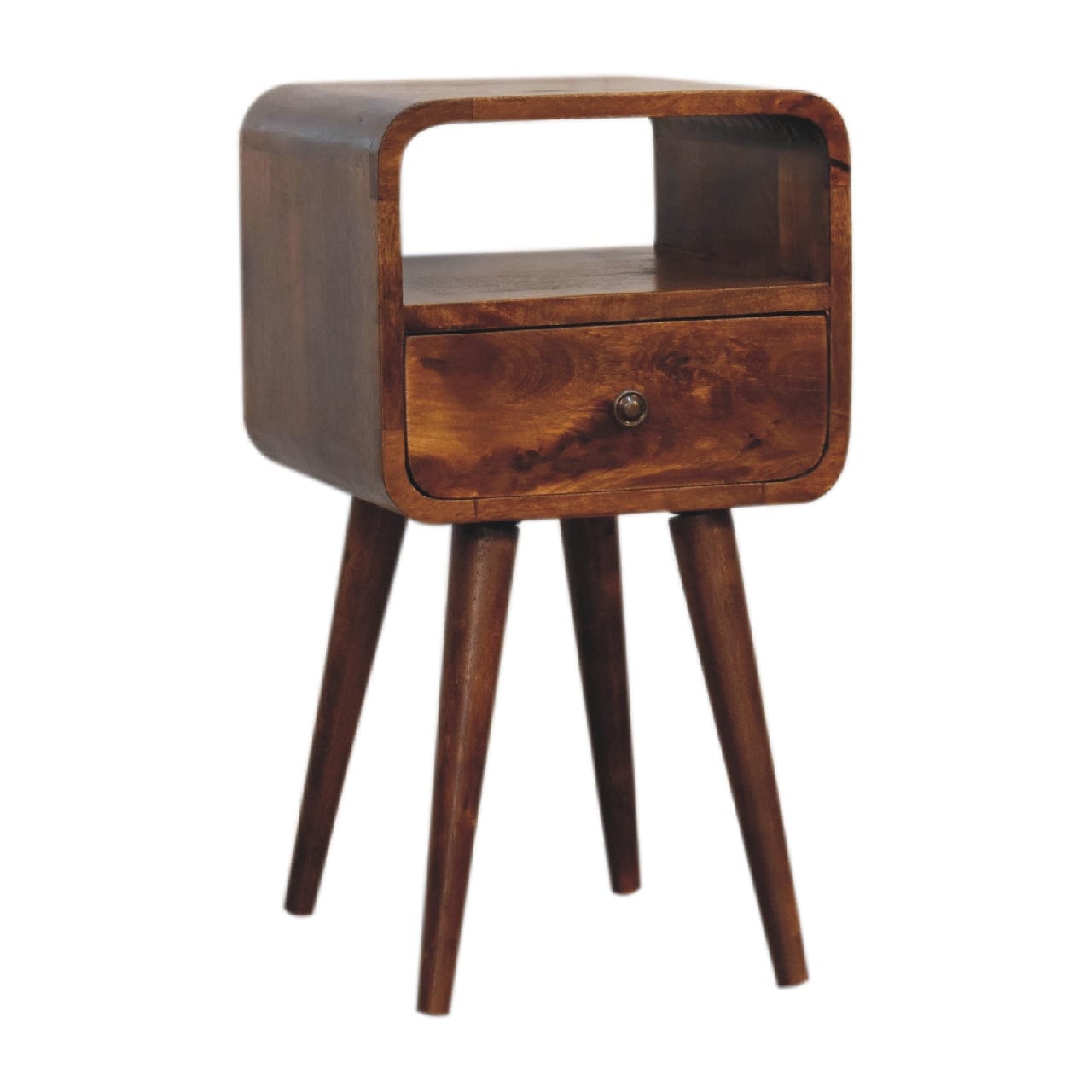 Mini Chestnut Curve Open Nightstand - Solid Mango Wood Bedside Table for Bedroom - product view 3 showing handcrafted...