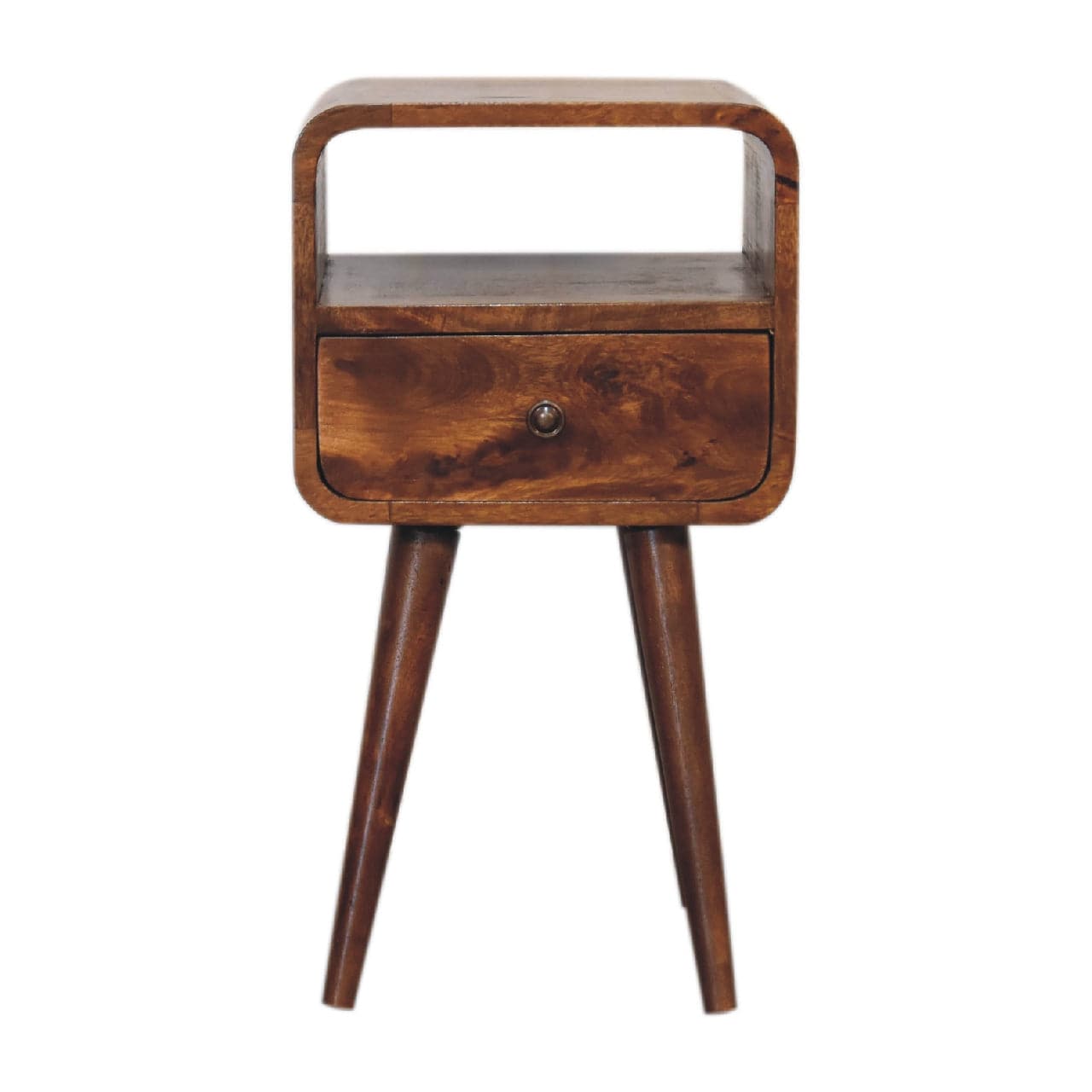 Mini Chestnut Curve Open Nightstand - Solid Mango Wood Bedside Table for Bedroom - product view 2 showing handcrafted...