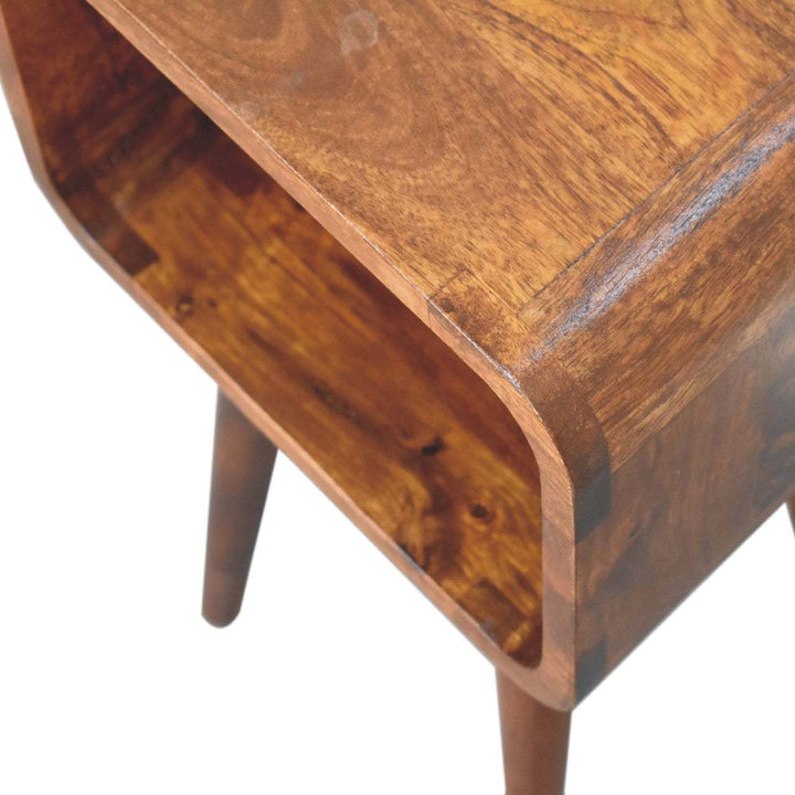 Mini Chestnut Curved Open Nightstand - Solid Mango Wood Bedside Table for Bedroom - product view 7 showing handcrafted...