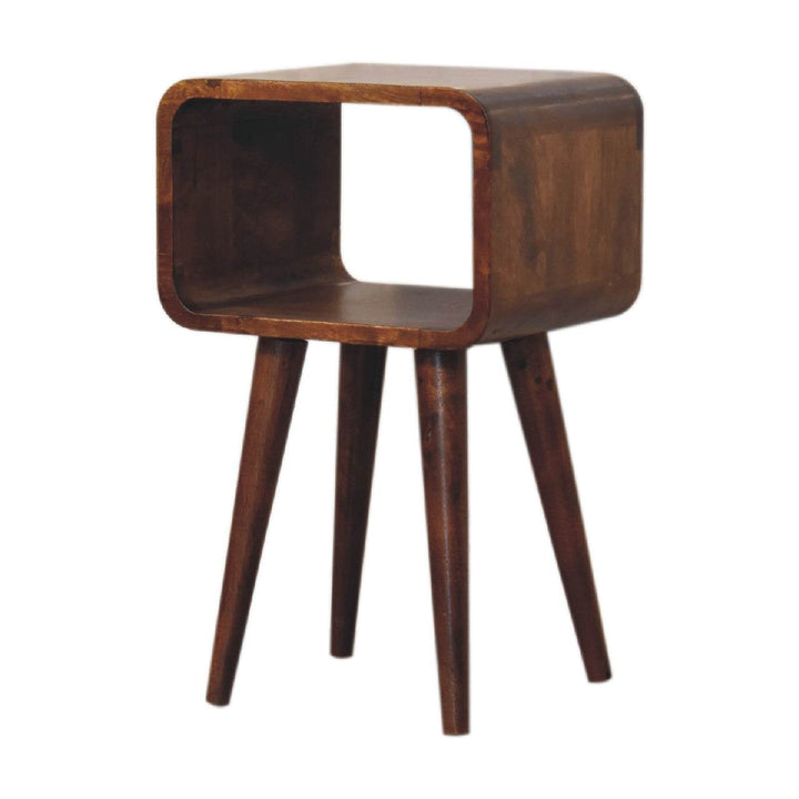 Mini Chestnut Curved Open Nightstand - Solid Mango Wood Bedside Table for Bedroom - product view 4 showing handcrafted...