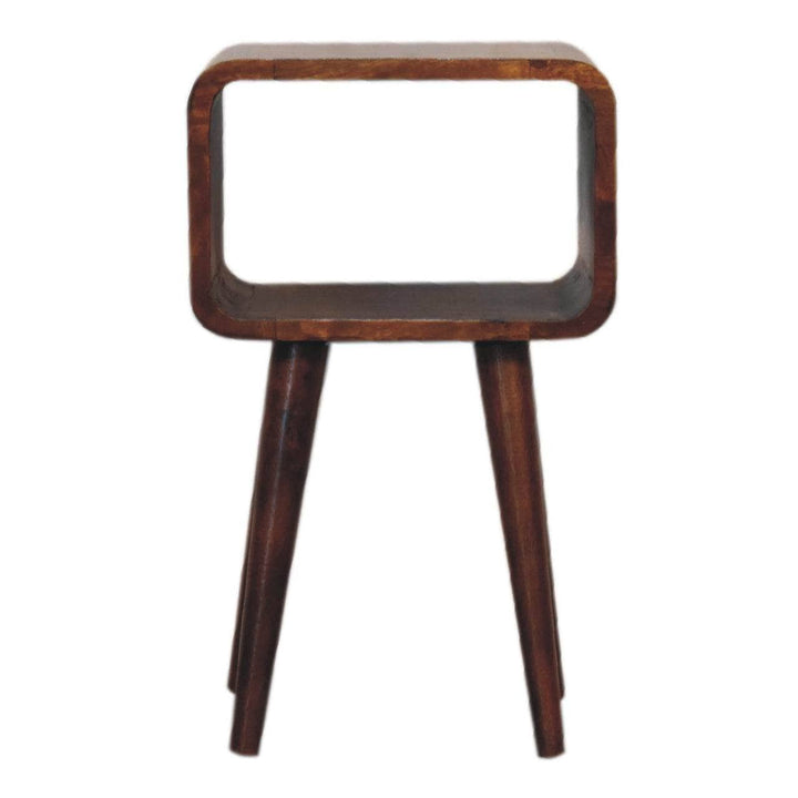 Mini Chestnut Curved Open Nightstand - Solid Mango Wood Bedside Table for Bedroom - product view 2 showing handcrafted...