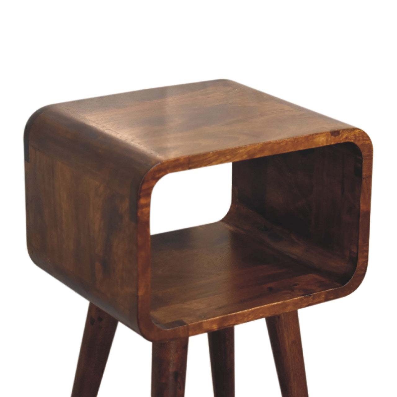 Mini Chestnut Curved Open Nightstand - Solid Mango Wood Bedside Table for Bedroom - product view 6 showing handcrafted...
