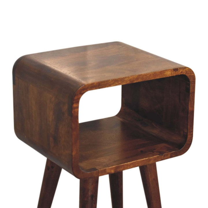 Mini Chestnut Curved Open Nightstand - Solid Mango Wood Bedside Table for Bedroom - product view 6 showing handcrafted...