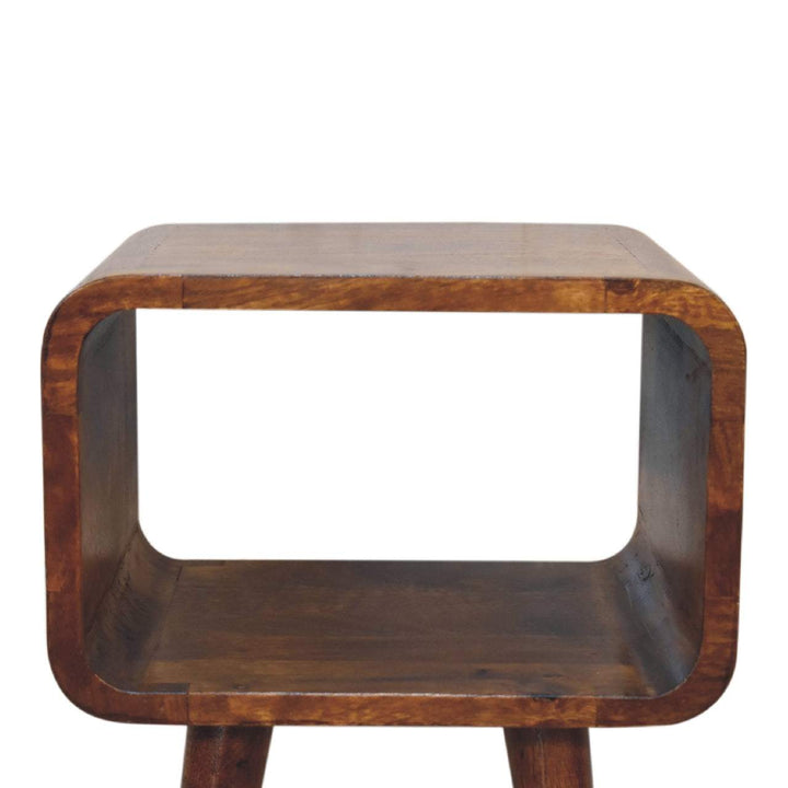Mini Chestnut Curved Open Nightstand - Solid Mango Wood Bedside Table for Bedroom - product view 5 showing handcrafted...