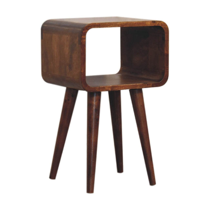 Mini Chestnut Curved Open Nightstand - Solid Mango Wood Bedside Table for Bedroom - product view 3 showing handcrafted...