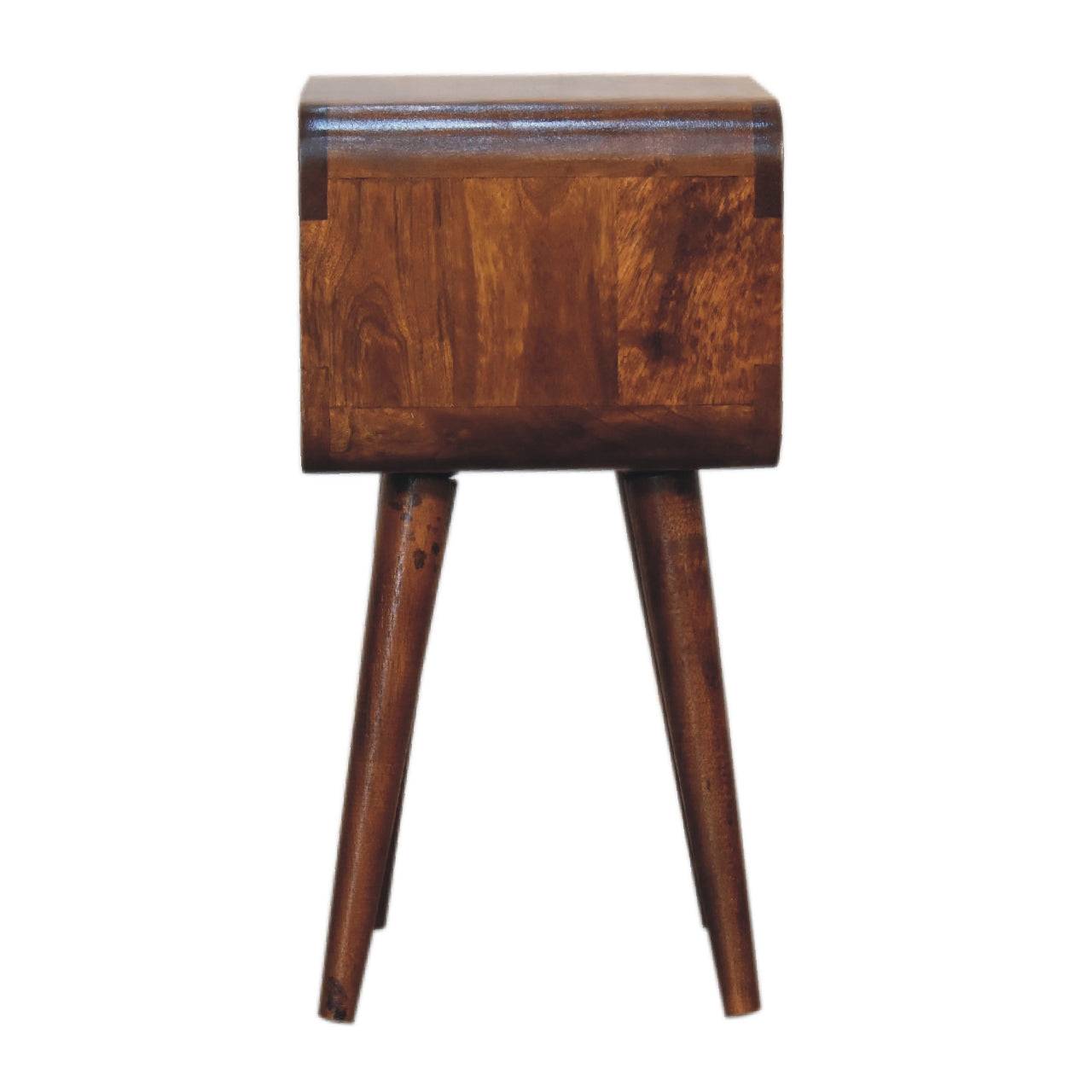 Mini Chestnut Curved Open Nightstand - Solid Mango Wood Bedside Table for Bedroom - product view 8 showing handcrafted...