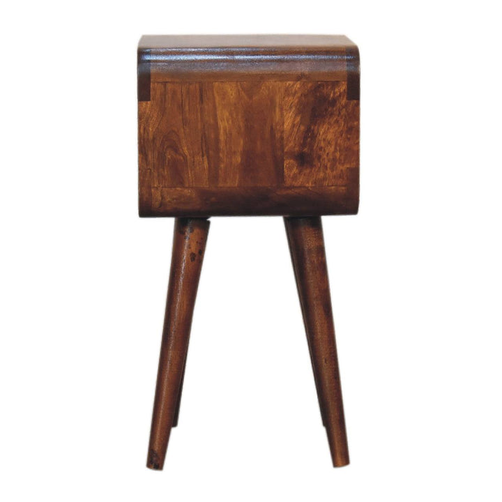 Mini Chestnut Curved Open Nightstand - Solid Mango Wood Bedside Table for Bedroom - product view 8 showing handcrafted...