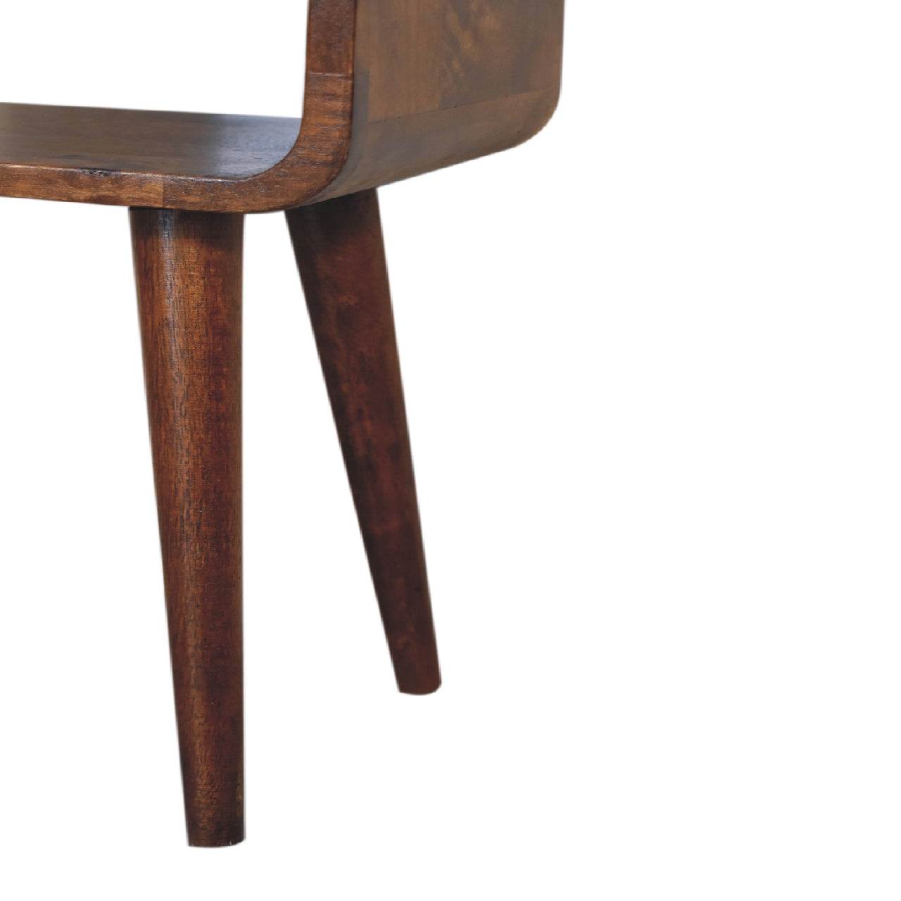 Mini Chestnut Curved Open Nightstand - Solid Mango Wood Bedside Table for Bedroom - product view 9 showing handcrafted...